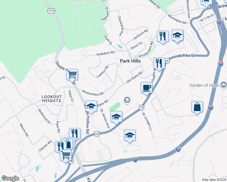 map of restaurants, bars, coffee shops, grocery stores, and more near 1319 Old State Road in Park Hills