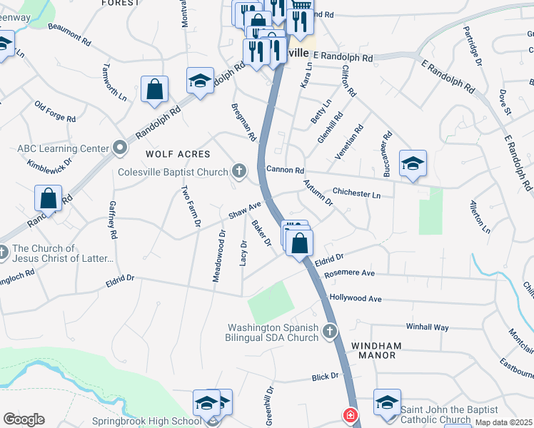 map of restaurants, bars, coffee shops, grocery stores, and more near 12916 New Hampshire Avenue in Silver Spring