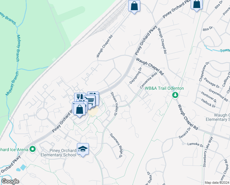 map of restaurants, bars, coffee shops, grocery stores, and more near 2408 Forest Edge Court in Odenton