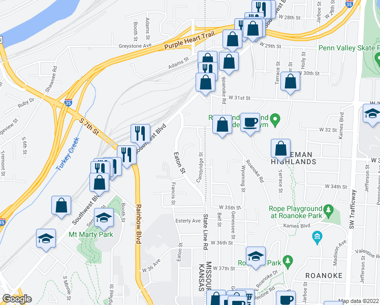 map of restaurants, bars, coffee shops, grocery stores, and more near 334 Cambridge Street in Kansas City