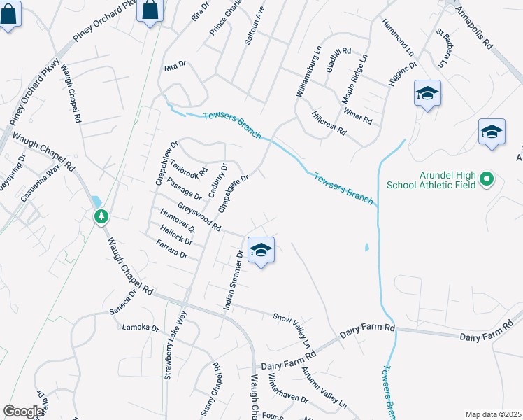 map of restaurants, bars, coffee shops, grocery stores, and more near 2212 Breeze Court in Odenton