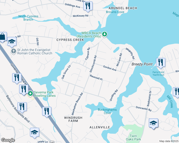 map of restaurants, bars, coffee shops, grocery stores, and more near 780 Stinchcomb Road in Severna Park
