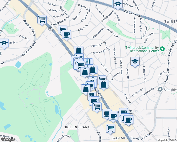 map of restaurants, bars, coffee shops, grocery stores, and more near 1390 Rockville Pike in Rockville