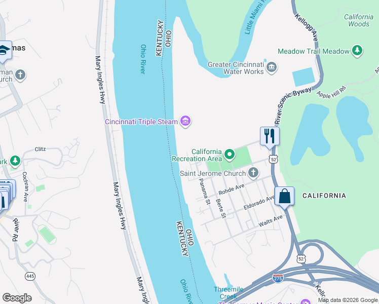 map of restaurants, bars, coffee shops, grocery stores, and more near 5731 Panama Street in Cincinnati