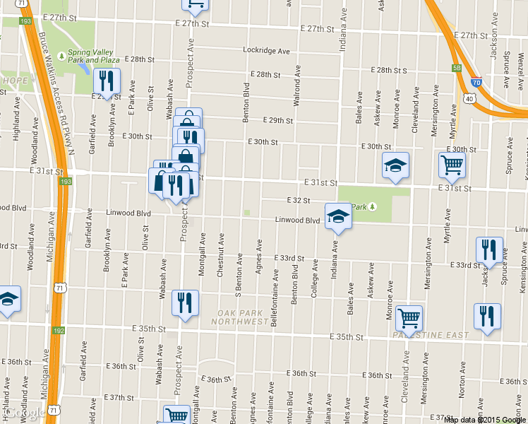 map of restaurants, bars, coffee shops, grocery stores, and more near 3203 Agnes Avenue in Kansas City