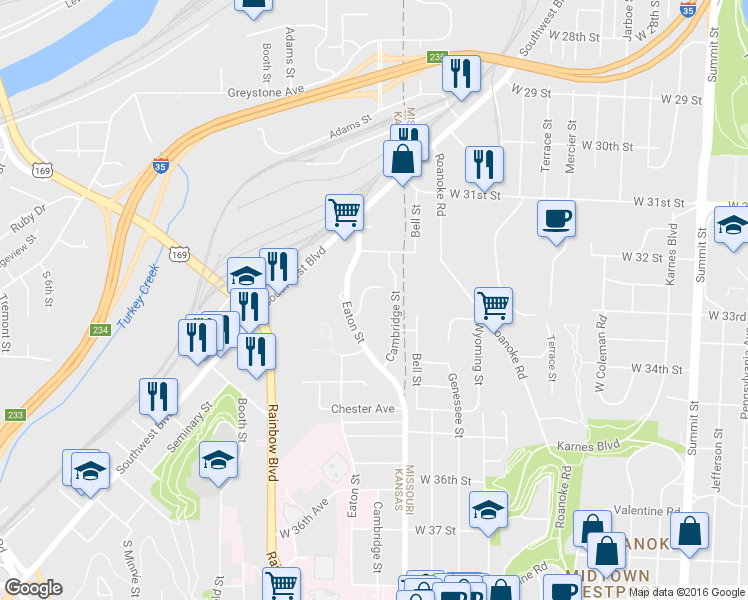 map of restaurants, bars, coffee shops, grocery stores, and more near 334 Cambridge Street in Kansas City