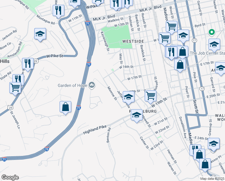 map of restaurants, bars, coffee shops, grocery stores, and more near 1708 Monroe Street in Covington