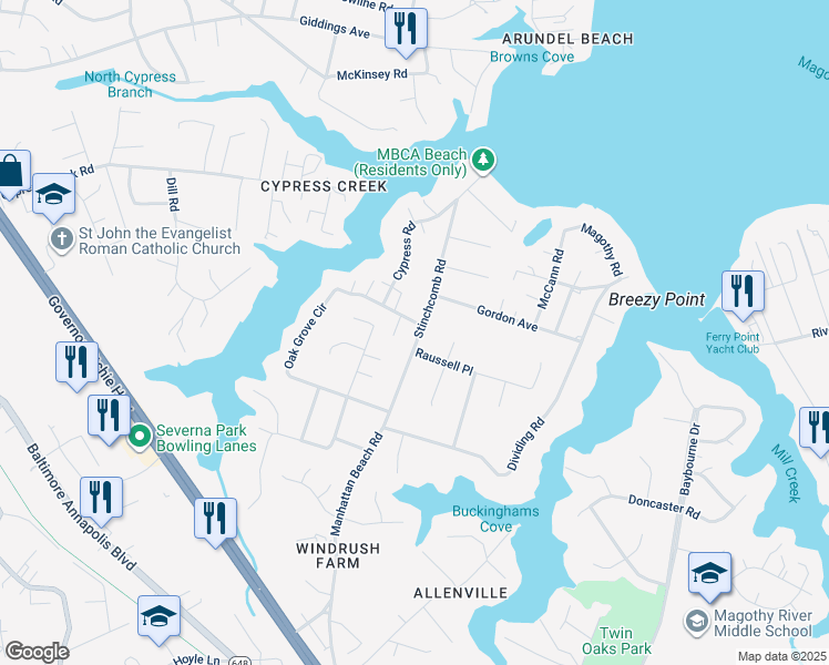 map of restaurants, bars, coffee shops, grocery stores, and more near 780 Stinchcomb Road in Severna Park