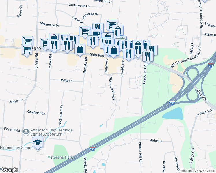 map of restaurants, bars, coffee shops, grocery stores, and more near 3982 Piccadilly Circle in Cincinnati