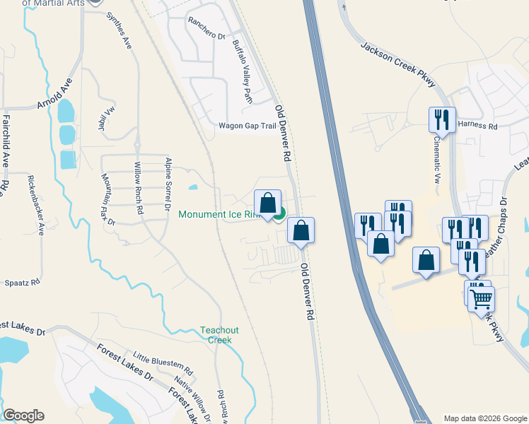 map of restaurants, bars, coffee shops, grocery stores, and more near 16340 Old Denver Road in Monument