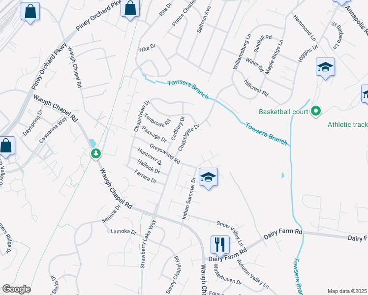 map of restaurants, bars, coffee shops, grocery stores, and more near 649 Chapelgate Drive in Odenton