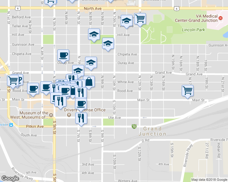 map of restaurants, bars, coffee shops, grocery stores, and more near 201 North 10th Street in Grand Junction