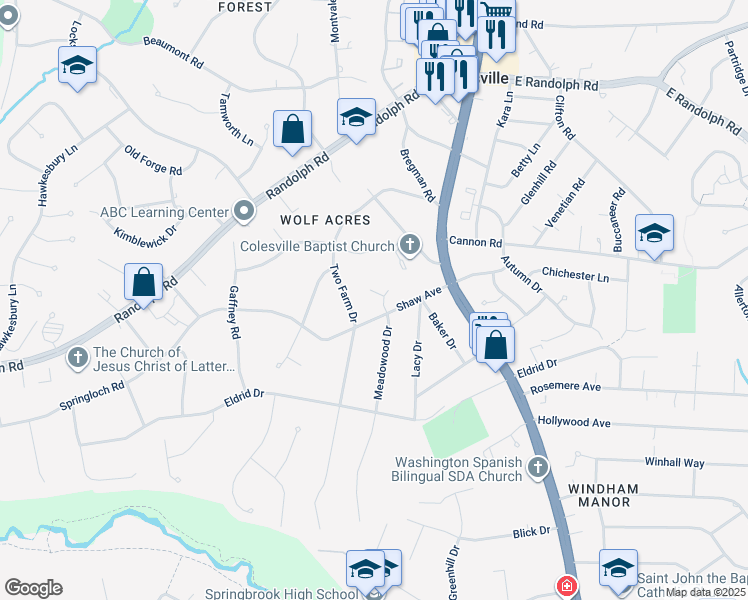 map of restaurants, bars, coffee shops, grocery stores, and more near 12904 Shaw Place in Silver Spring