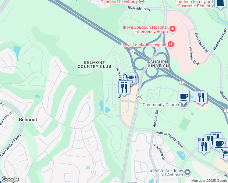 map of restaurants, bars, coffee shops, grocery stores, and more near 19814 Lavender Dust Square in Ashburn