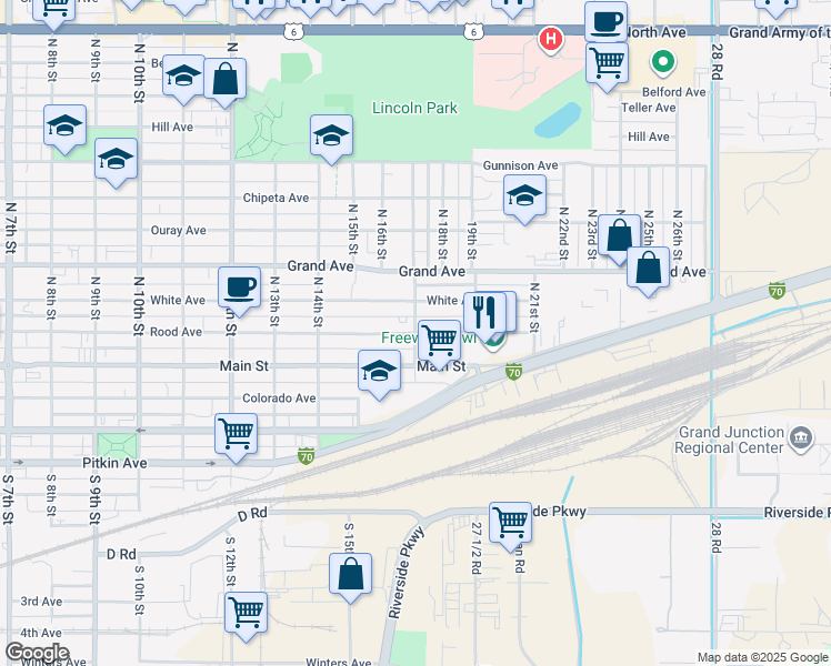 map of restaurants, bars, coffee shops, grocery stores, and more near 1700 Rood Avenue in Grand Junction