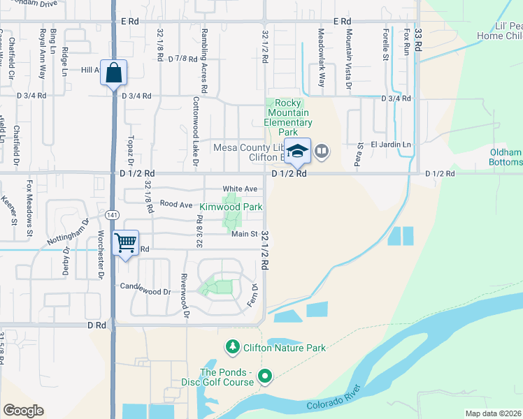 map of restaurants, bars, coffee shops, grocery stores, and more near 3 32 1/2 Road in Clifton