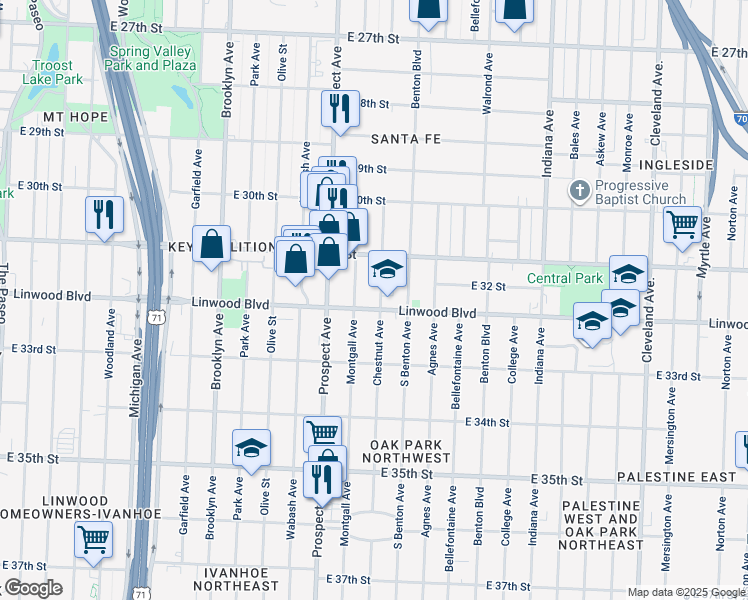 map of restaurants, bars, coffee shops, grocery stores, and more near 3116 Chestnut Avenue in Kansas City