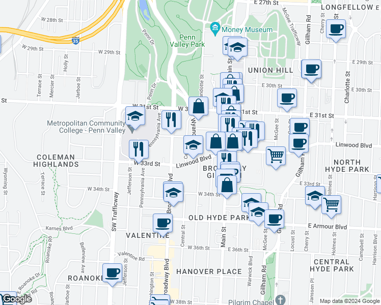 map of restaurants, bars, coffee shops, grocery stores, and more near 3205 Central Street in Kansas City