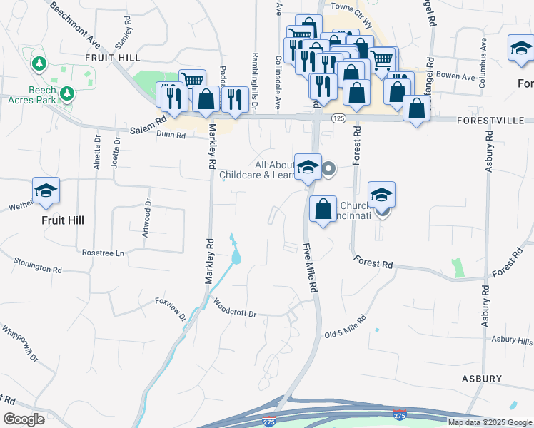 map of restaurants, bars, coffee shops, grocery stores, and more near 7343 Ridgepoint Drive in Cincinnati