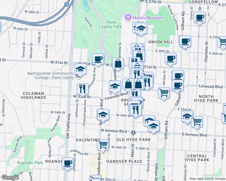 map of restaurants, bars, coffee shops, grocery stores, and more near 3205 Central Street in Kansas City