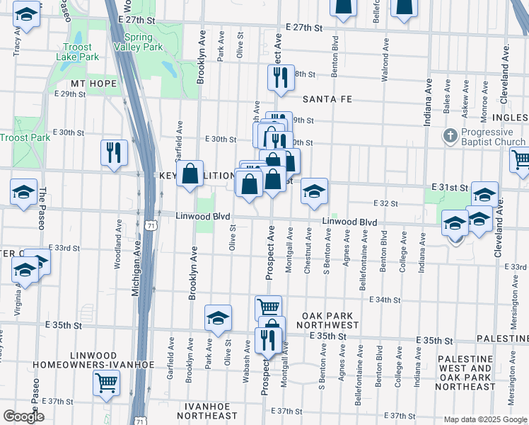 map of restaurants, bars, coffee shops, grocery stores, and more near 3110 Prospect Avenue in Kansas City