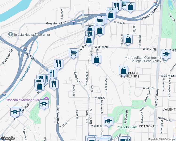 map of restaurants, bars, coffee shops, grocery stores, and more near 225 Cambridge Street in Kansas City