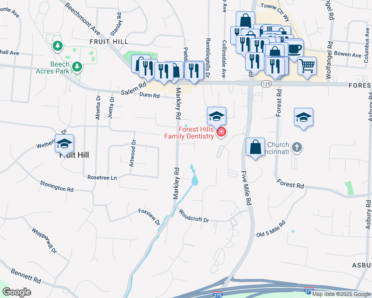 map of restaurants, bars, coffee shops, grocery stores, and more near 7240 James Hill Drive in Cincinnati