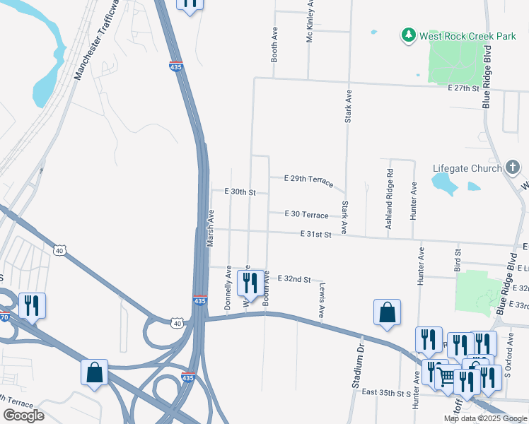 map of restaurants, bars, coffee shops, grocery stores, and more near 8600 East 30 Terrace in Kansas City