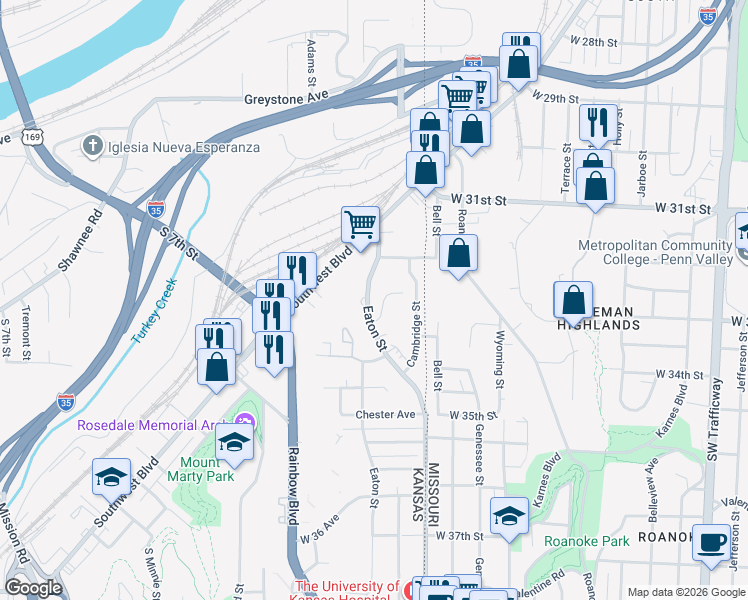 map of restaurants, bars, coffee shops, grocery stores, and more near 2813 Eaton Street in Kansas City