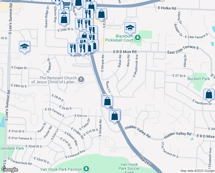 map of restaurants, bars, coffee shops, grocery stores, and more near Berry Lane in Independence