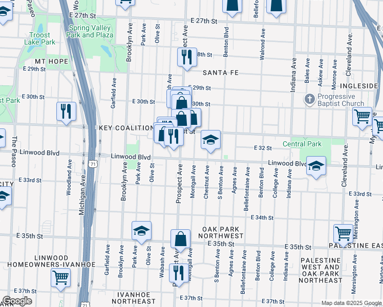map of restaurants, bars, coffee shops, grocery stores, and more near 3121 Prospect Avenue in Kansas City