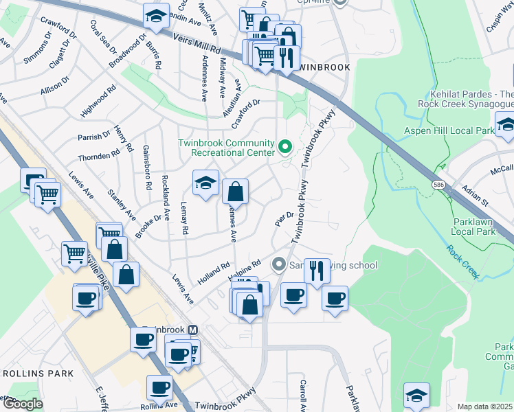 map of restaurants, bars, coffee shops, grocery stores, and more near 12802 Leahy Drive in Rockville