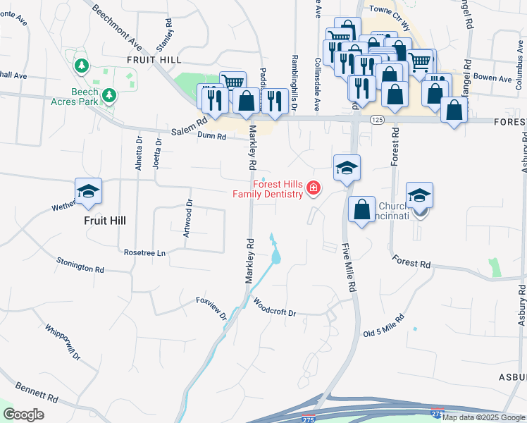 map of restaurants, bars, coffee shops, grocery stores, and more near 7240 James Hill Drive in Cincinnati