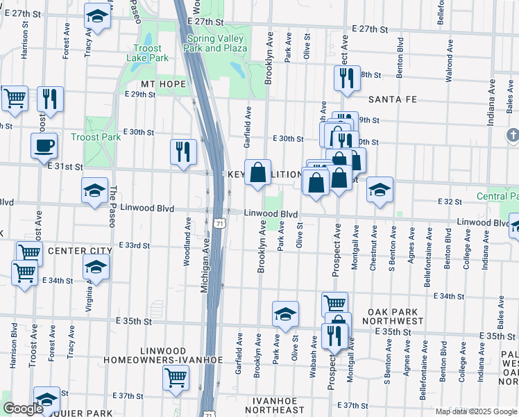 map of restaurants, bars, coffee shops, grocery stores, and more near 3133 Garfield Avenue in Kansas City