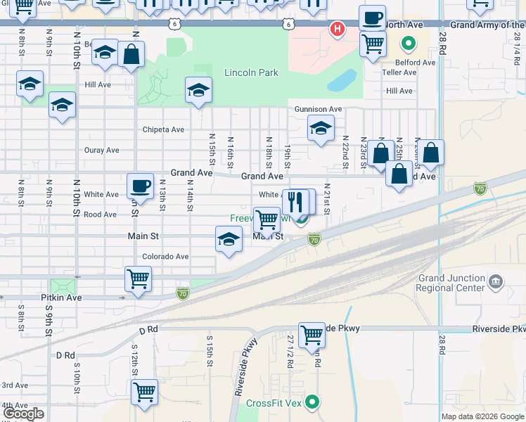 map of restaurants, bars, coffee shops, grocery stores, and more near 1720 Rood Avenue in Grand Junction