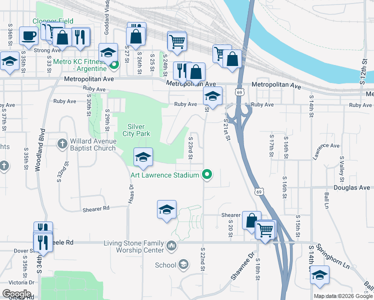 map of restaurants, bars, coffee shops, grocery stores, and more near 1717 South 23rd Street in Kansas City