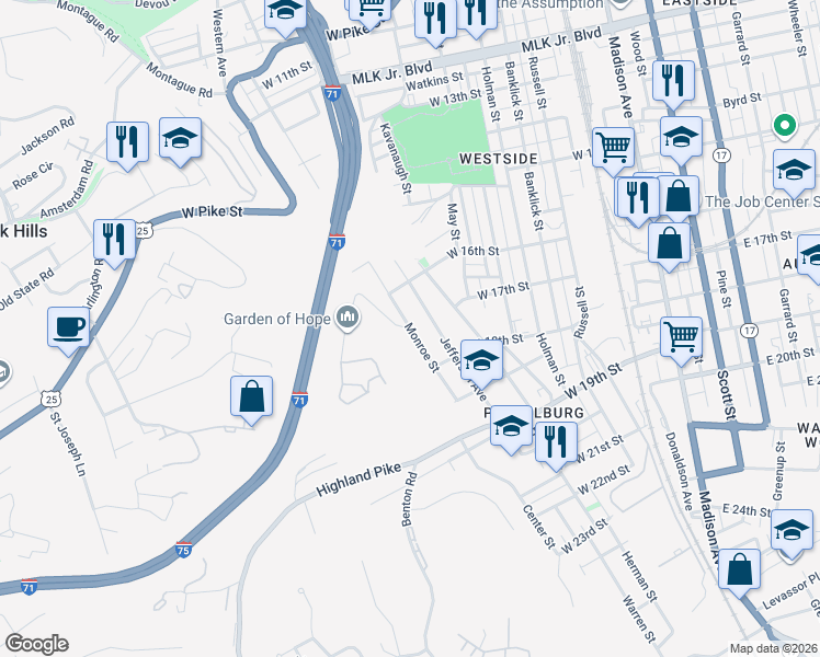 map of restaurants, bars, coffee shops, grocery stores, and more near 1698 Monroe Street in Covington