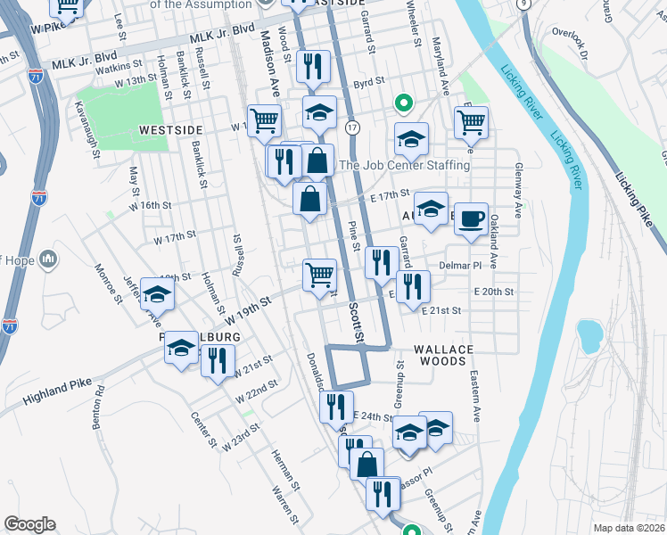map of restaurants, bars, coffee shops, grocery stores, and more near 1814 Pearl Street in Covington