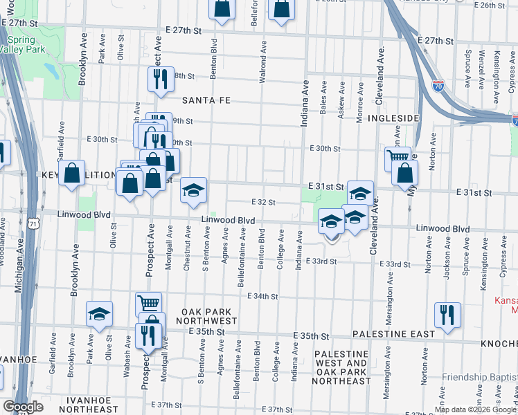 map of restaurants, bars, coffee shops, grocery stores, and more near 3040 East 32 Street in Kansas City