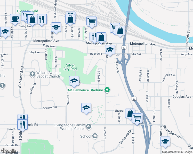 map of restaurants, bars, coffee shops, grocery stores, and more near 1717 South 23rd Street in Kansas City