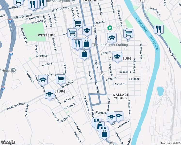 map of restaurants, bars, coffee shops, grocery stores, and more near 1814 Pearl Street in Covington