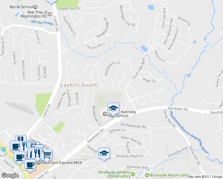 map of restaurants, bars, coffee shops, grocery stores, and more near 1718 Nordic Hill Circle in Silver Spring