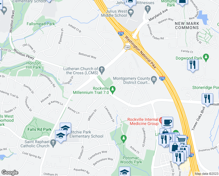 map of restaurants, bars, coffee shops, grocery stores, and more near 1700 Pasture Brook Way in Rockville