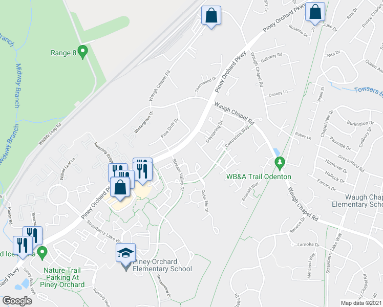 map of restaurants, bars, coffee shops, grocery stores, and more near 241 Winding Ridge Road in Odenton