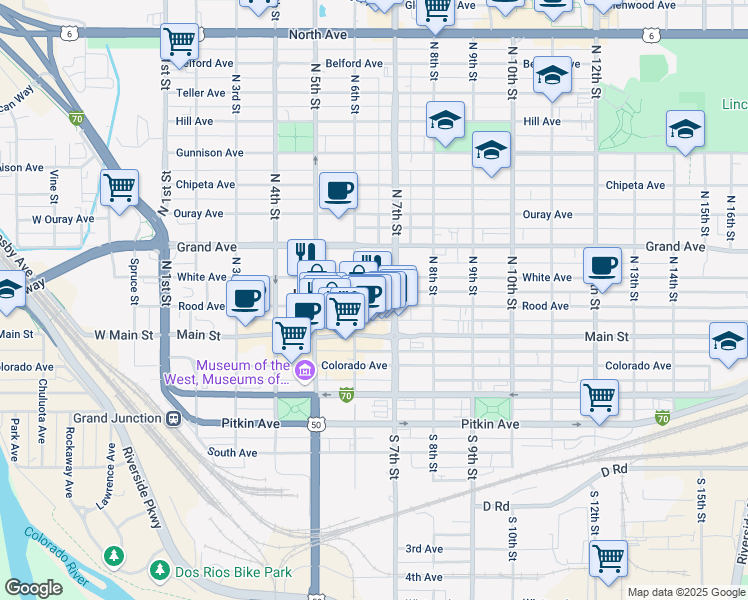 map of restaurants, bars, coffee shops, grocery stores, and more near 615 White Avenue in Grand Junction