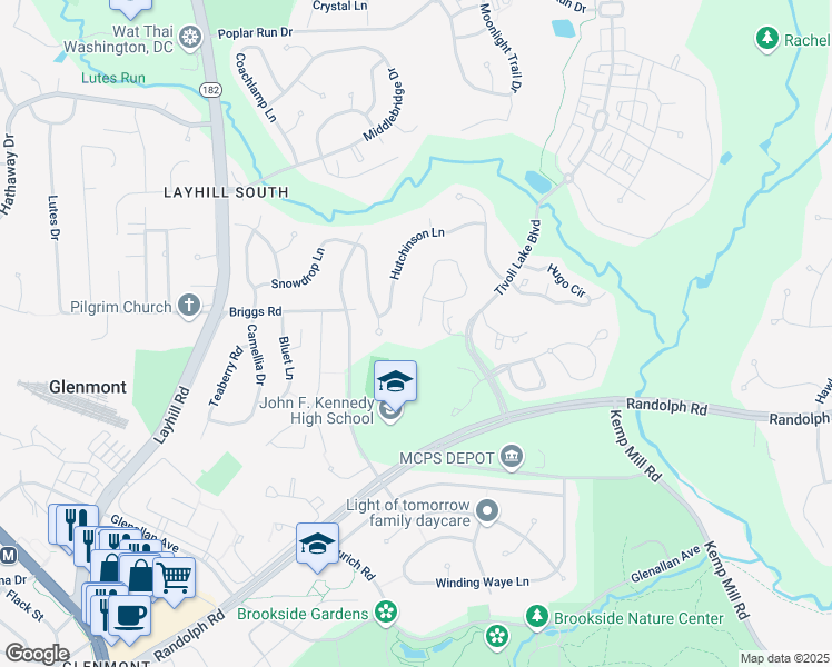 map of restaurants, bars, coffee shops, grocery stores, and more near 1718 Nordic Hill Circle in Silver Spring