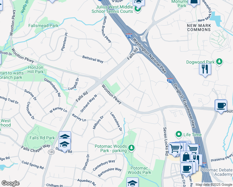 map of restaurants, bars, coffee shops, grocery stores, and more near 1700 Pasture Brook Way in Rockville