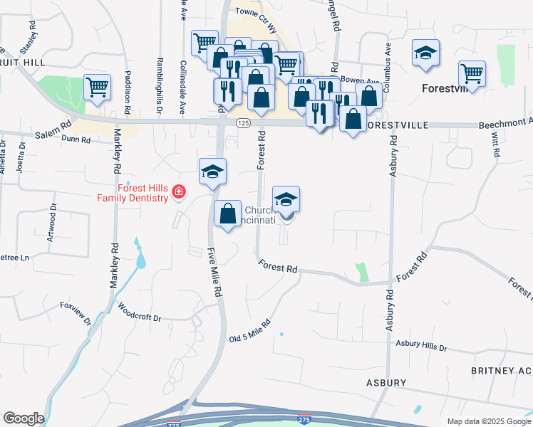 map of restaurants, bars, coffee shops, grocery stores, and more near 7596 Forest Road in Cincinnati