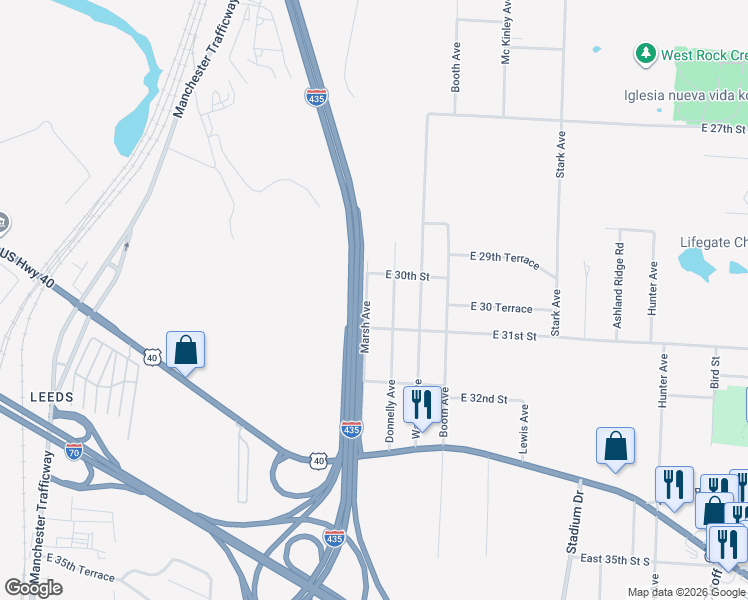 map of restaurants, bars, coffee shops, grocery stores, and more near 3020 Donnelly Avenue in Kansas City