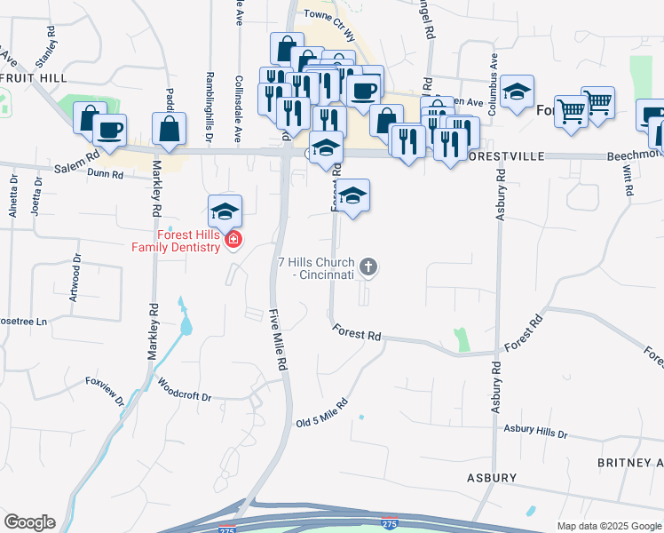 map of restaurants, bars, coffee shops, grocery stores, and more near 7596 Forest Road in Cincinnati